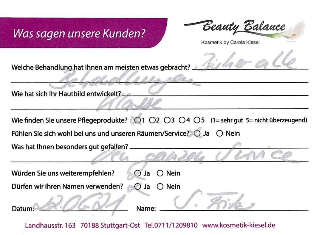 Referenzkarte S. Fritz - Kosmetikstudio Stuttgart Carola Kiesel Beauty Balance