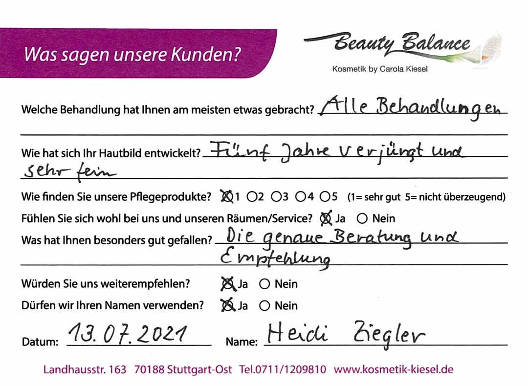 Referenzkarte Heidi Ziegler - Kosmetikstudio Stuttgart Carola Kiesel Beauty Balance