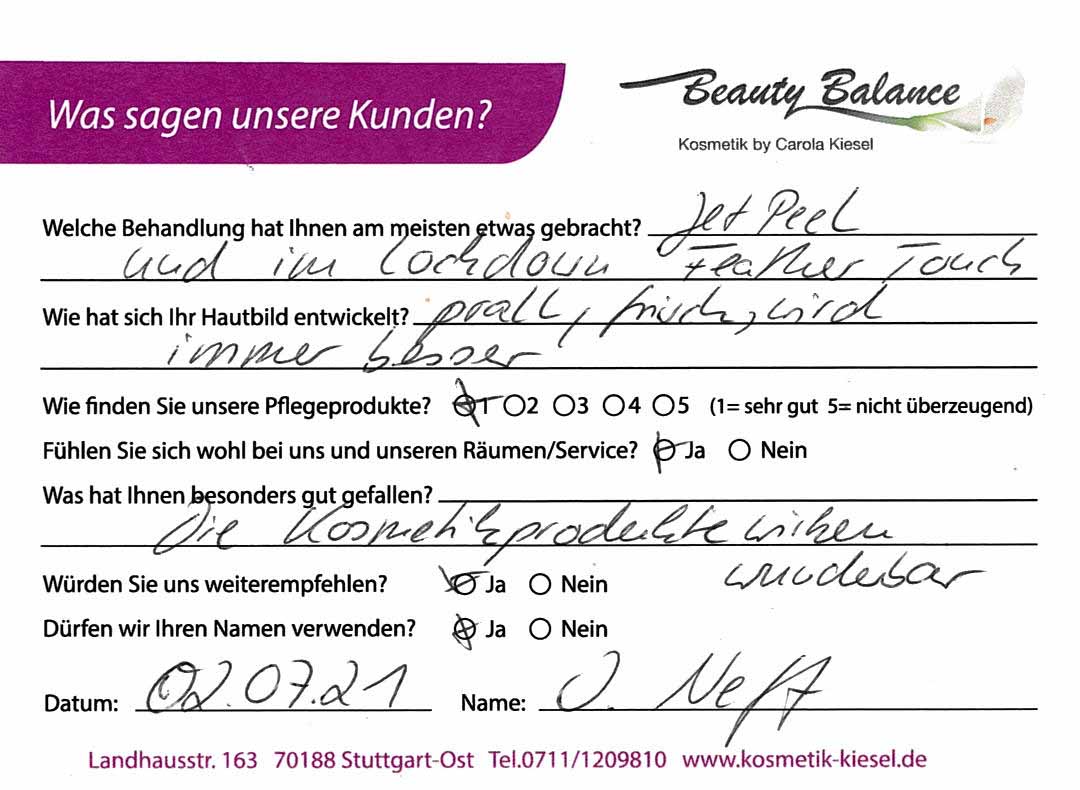 Referenzkarte I. Neft - Kosmetikstudio Stuttgart Carola Kiesel Beauty Balance