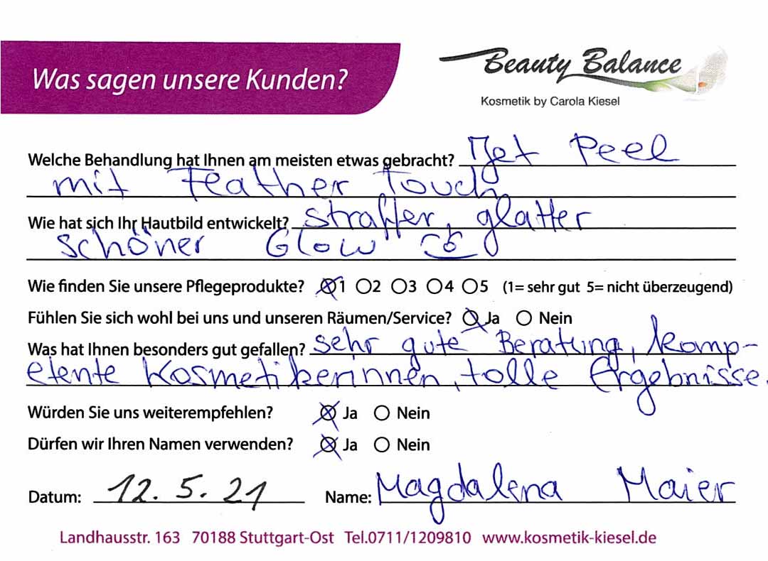 Referenzkarte JetPeel mit Feather Touch - Kosmetikstudio Stuttgart Carola Kiesel Beauty Balance