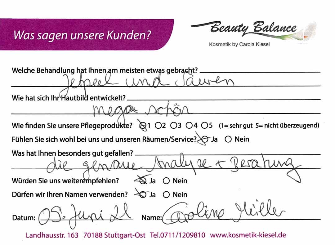 Referenzkarte Caroline Müller - Kosmetikstudio Stuttgart Carola Kiesel Beauty Balance