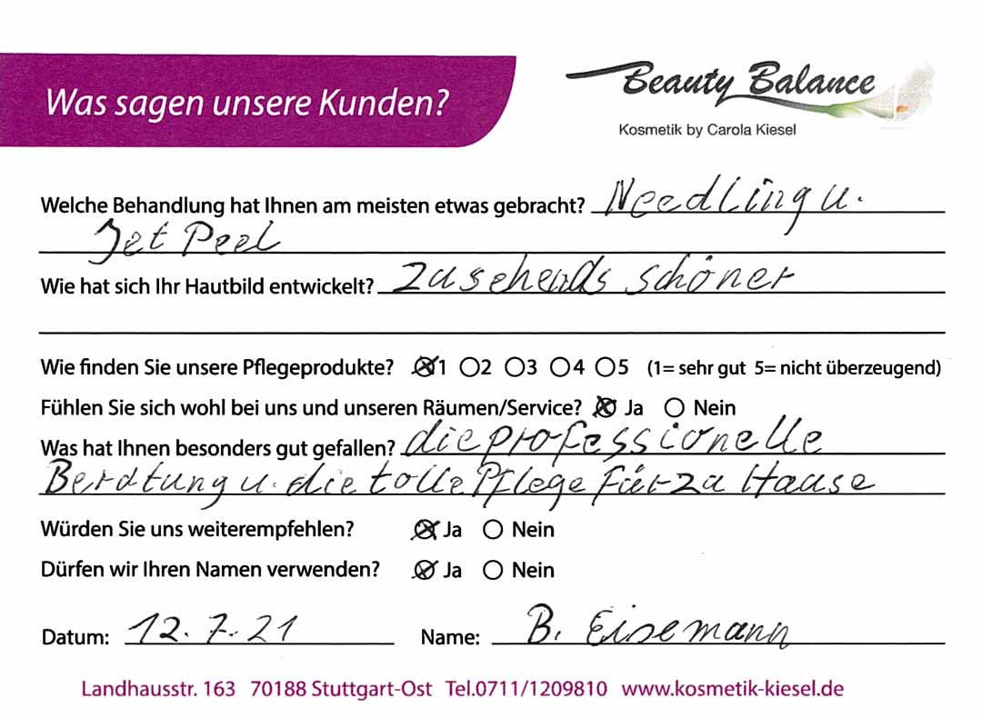 Referenzkarte B. Eisemann - Kosmetikstudio Stuttgart Carola Kiesel Beauty Balance