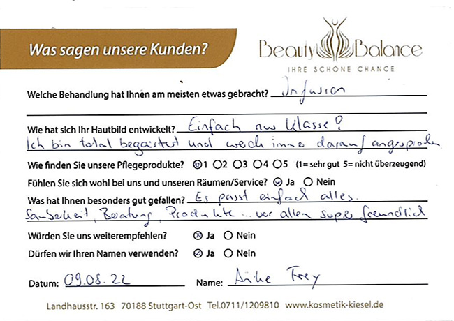 Referenz Infuzion -Anke Frey - Kosmetikstudio - Carola Kiesel - Beauty Balance - Stuttgart