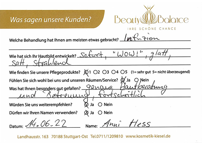 Referenz Infuzion -Anni Hess - Kosmetikstudio - Carola Kiesel - Beauty Balance - Stuttgart