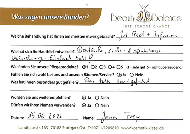 Referenz Infuzion -Jana Frey - Kosmetikstudio - Carola Kiesel - Beauty Balance - Stuttgart