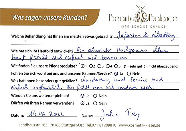 Referenz Infuzion -Julia Frey - Kosmetikstudio - Carola Kiesel - Beauty Balance - Stuttgart