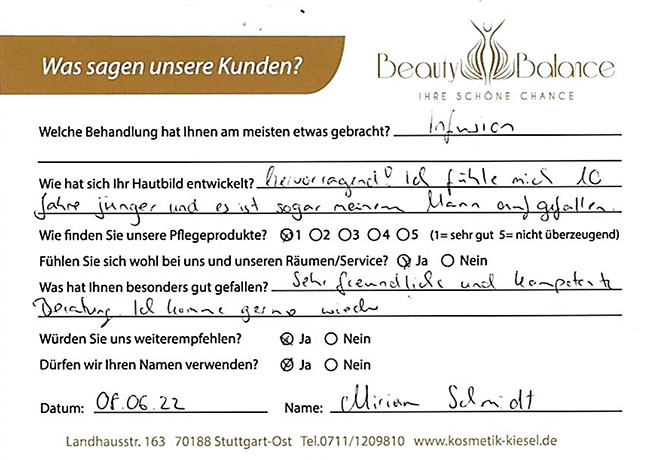 Referenz Infuzion -Miriam Schmidt - Kosmetikstudio - Carola Kiesel - Beauty Balance - Stuttgart