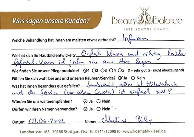 Referenz Infuzion -Nadine Bily - Kosmetikstudio - Carola Kiesel - Beauty Balance - Stuttgart