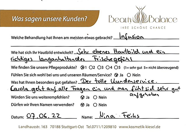 Referenz Infuzion -Nina Feins - Kosmetikstudio - Carola Kiesel - Beauty Balance - Stuttgart