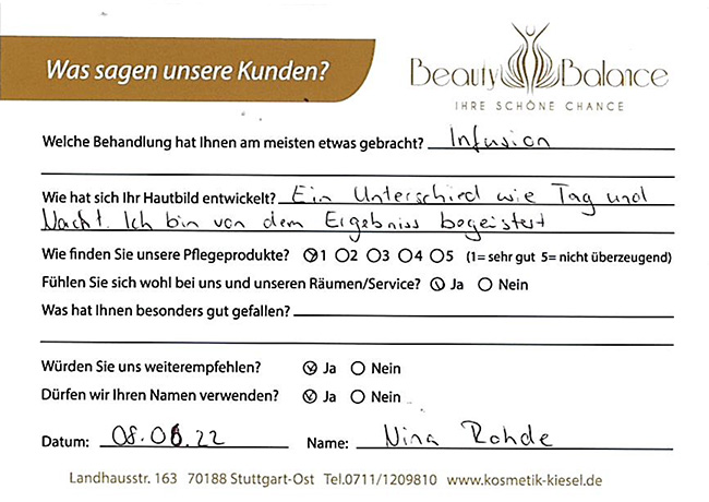 Referenz Infuzion -Nina Rohde - Kosmetikstudio - Carola Kiesel - Beauty Balance - Stuttgart